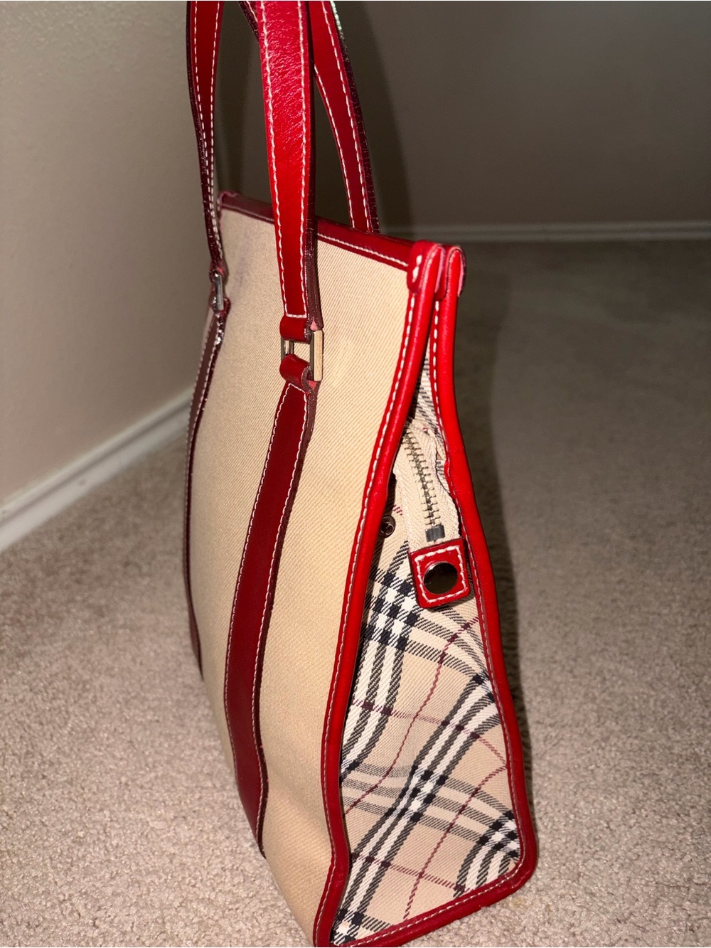 Authentic Burberry Blue Label Canvas Tote Bag with Red Trim (COA ATTACHED) - Picture 5 of 11